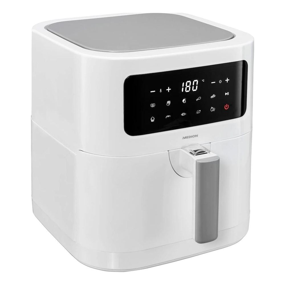 Biała frytkownica beztłuszczowa z cyfrowym wyświetlaczem pokazującym 180 stopni.