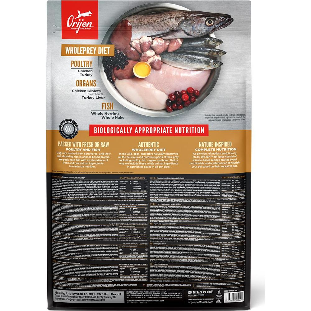 Torba karmy dla psów Orijen z dietą whole prey: drób, organy i ryby.