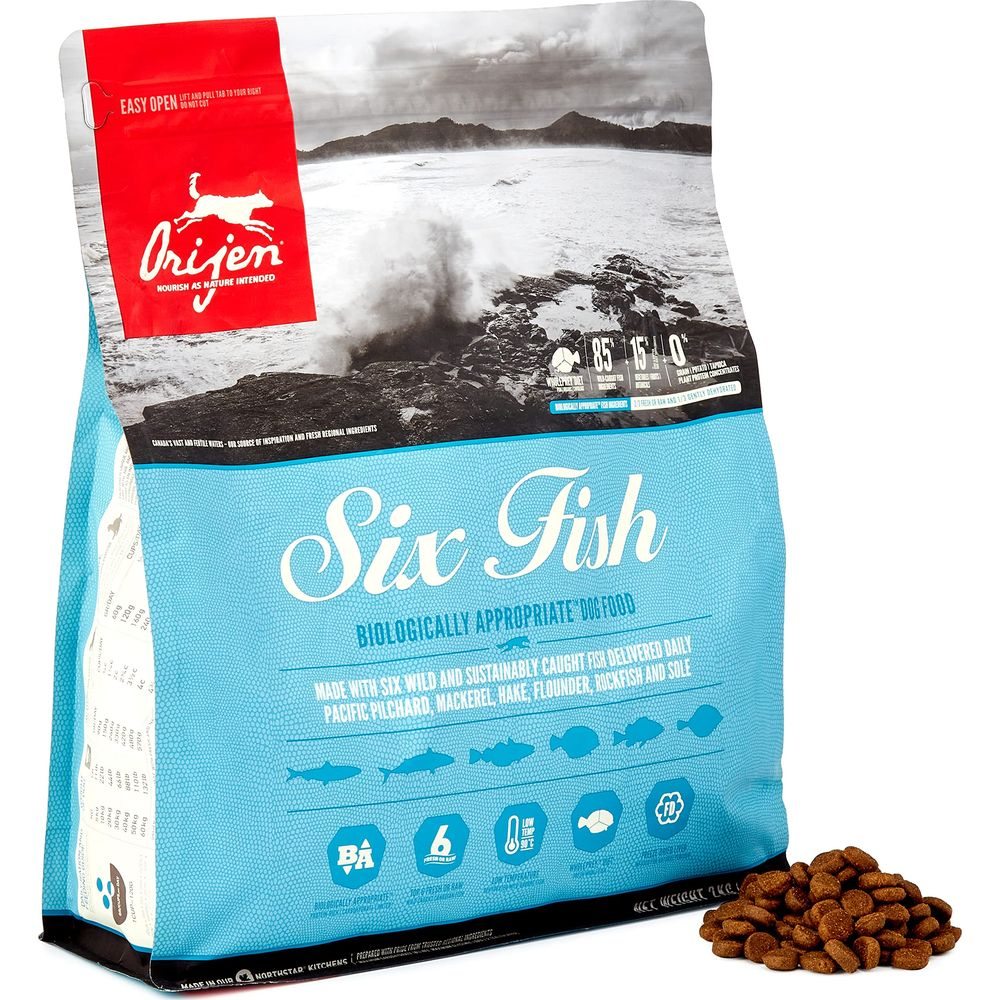 Torba karmy dla psów Orijen Six Fish z ikonami ryb i informacjami o wartościach odżywczych.