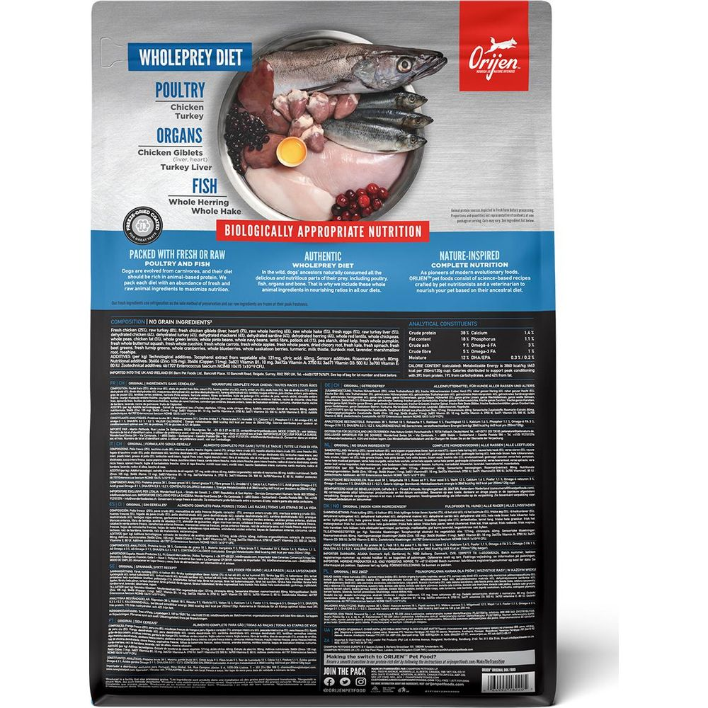 Torba na karmę dla psów z surową rybą, drobiem i podrobami. Lista składników.