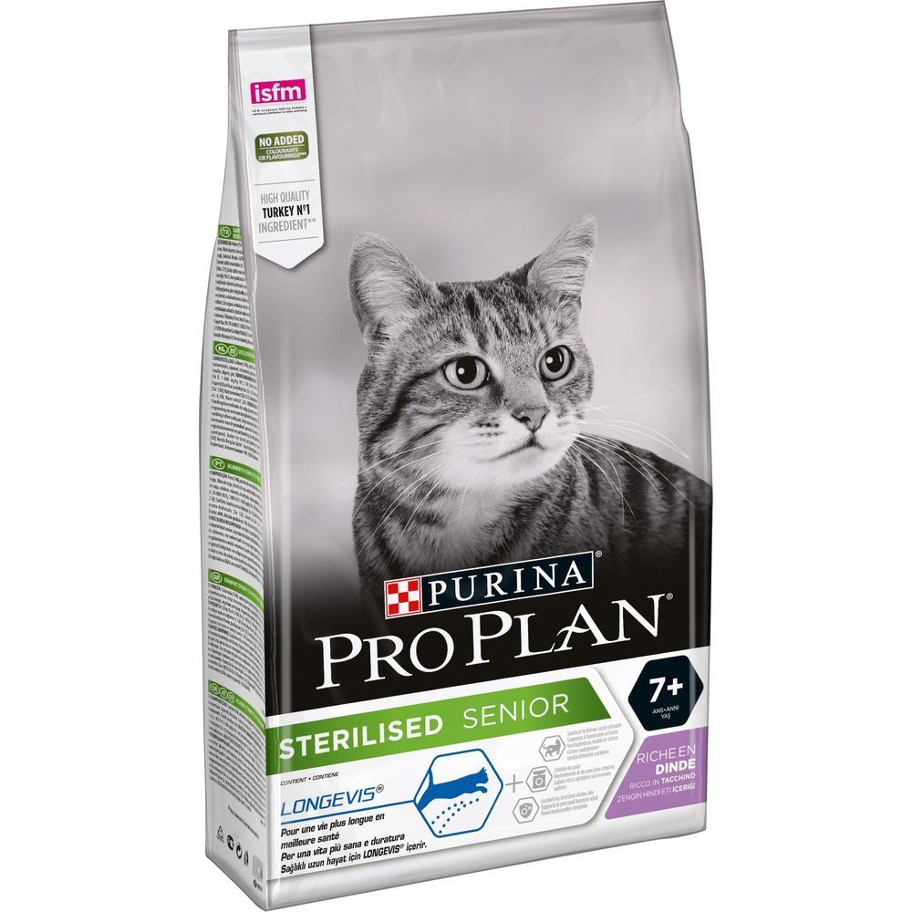 Ein Beutel Purina Pro Plan Sterilised Senior Katzenfutter mit einem Bild einer Katze.