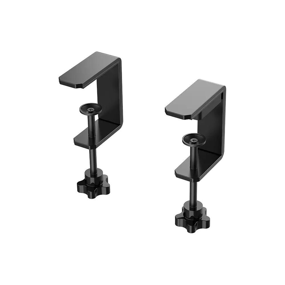 Two black desk clamps with screw and star knob on a white background.