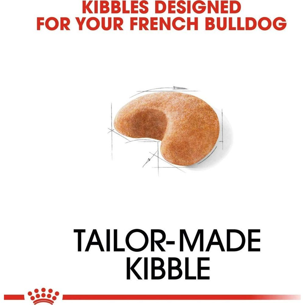 Pojedyncza brązowa karma dla psów przeznaczona dla buldogów francuskich, z liniami szkicu.
