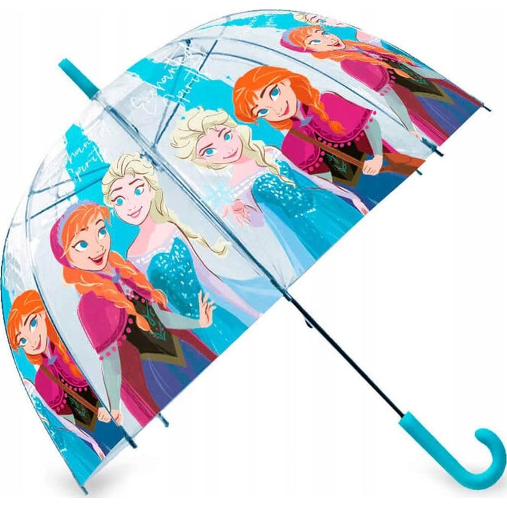 Un paraguas transparente con Elsa y Anna de Frozen.