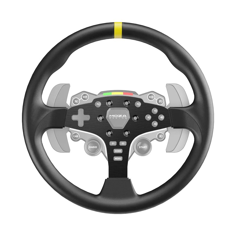 Un volant noir avec une bande jaune, des boutons et des palettes.