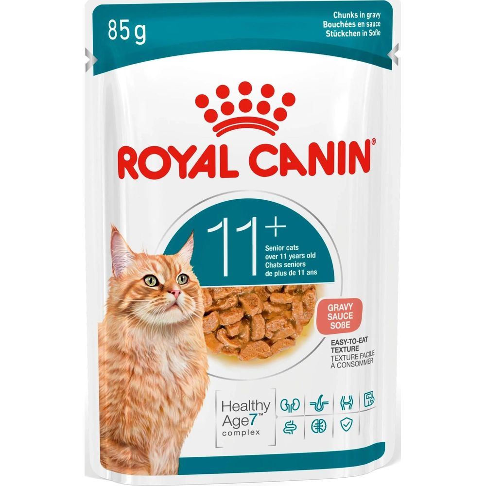 Karma Royal Canin dla seniorów 11+, z kawałkami w sosie.