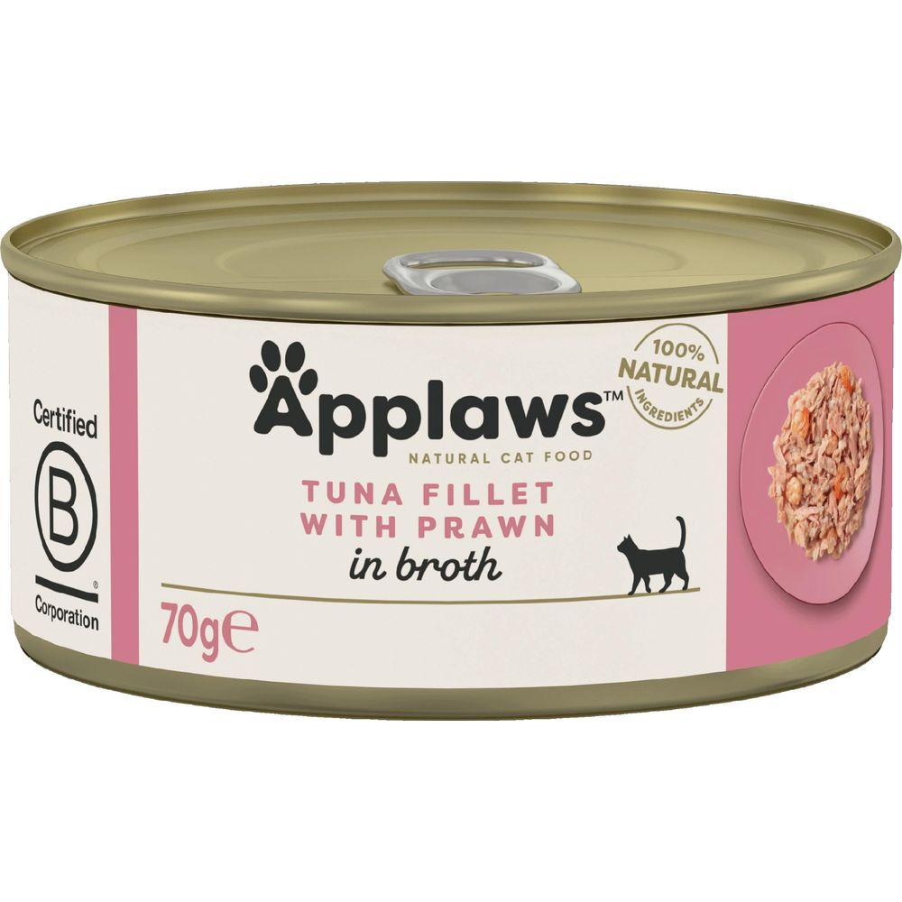 Lata de comida para gatos Applaws: filete de atún con gambas en caldo, 70g.
