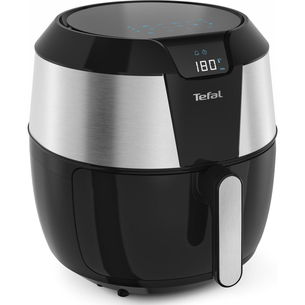 Schwarzer Tefal Heißluftfritteuse mit silbernen Akzenten und digitaler Anzeige.