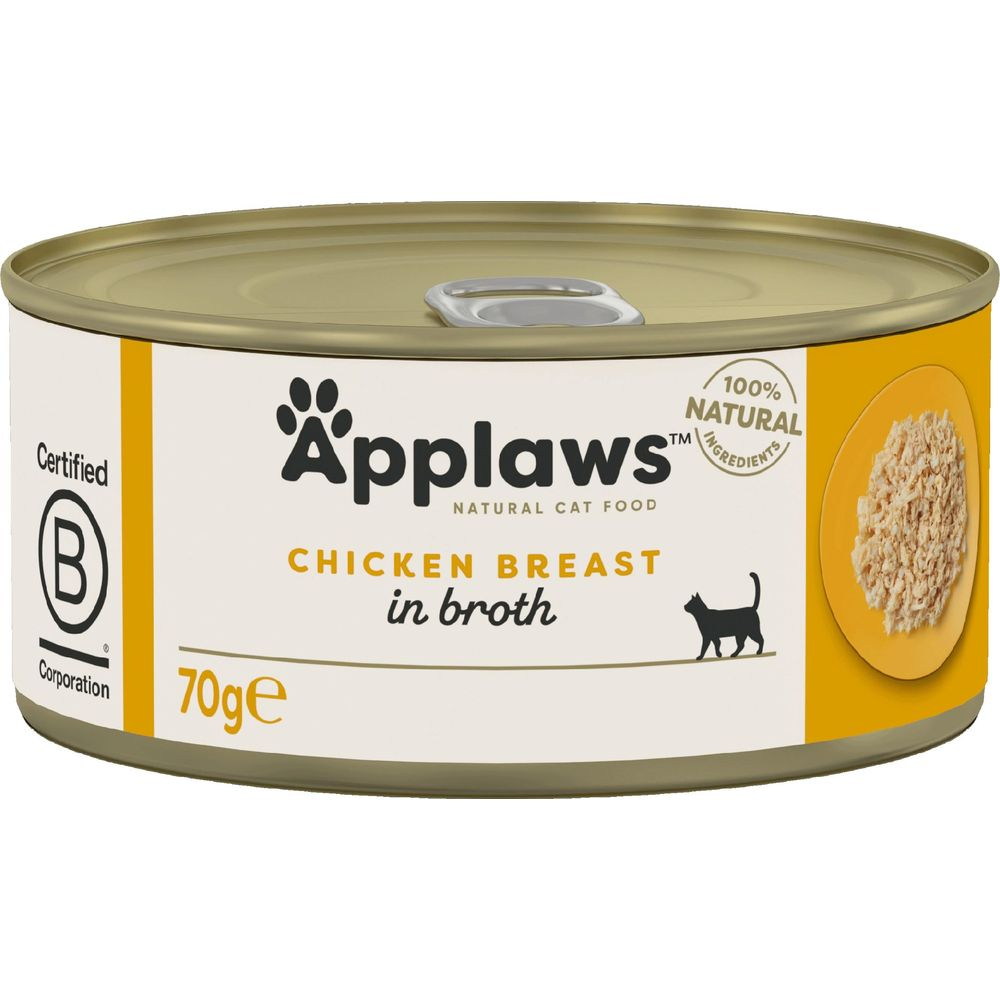 Lata de 70g Applaws de pechuga de pollo para gatos en caldo, ingredientes 100% naturales.