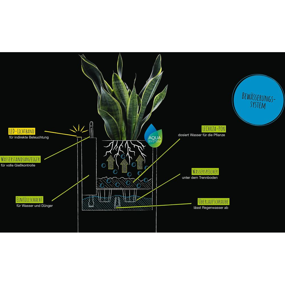 Schema eines Bewässerungssystems mit Pflanze, LED-Licht, Wasserstandsanzeiger.