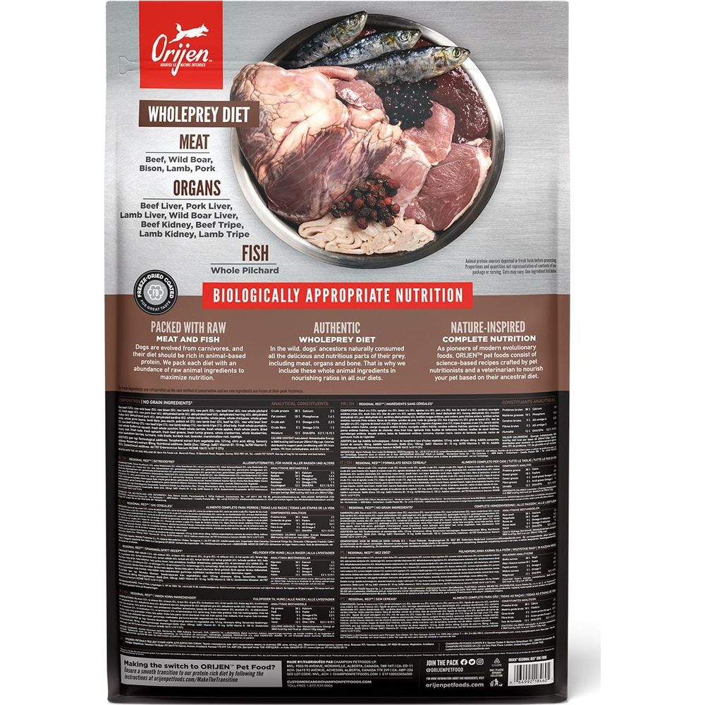 Opakowanie karmy dla psów Orijen z surowymi składnikami mięsnymi, organami i rybami.