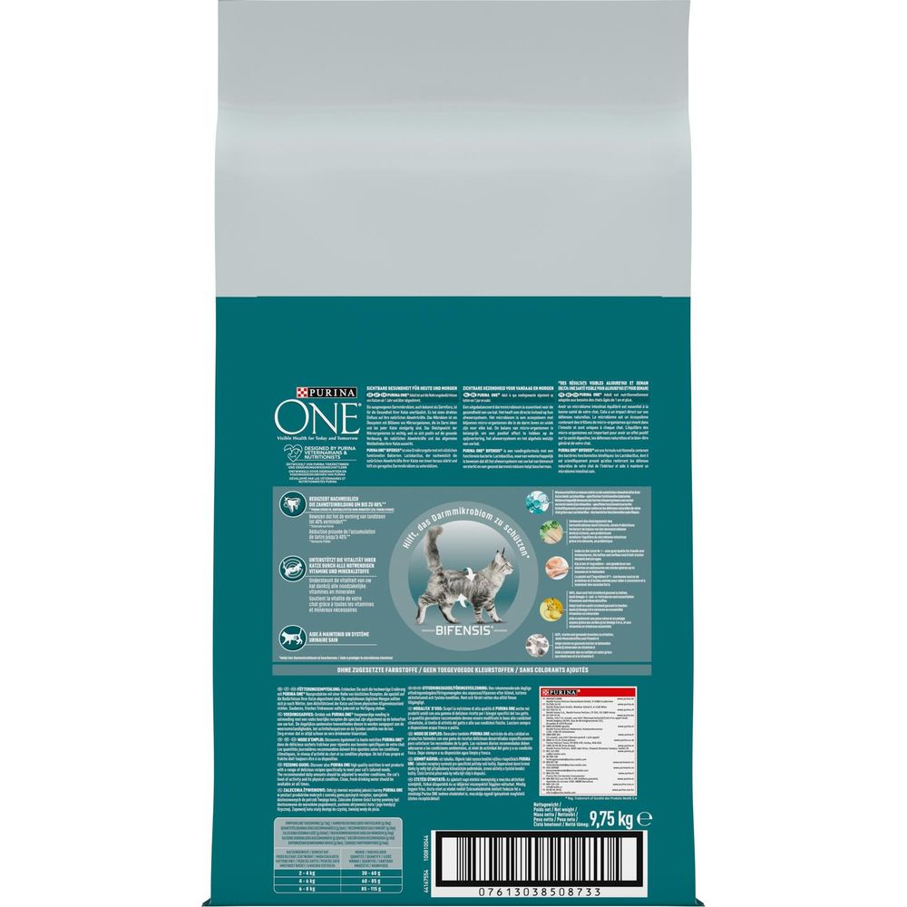 Opakowanie karmy dla kota z wizerunkiem kota i tekstem o zdrowiu jelit.