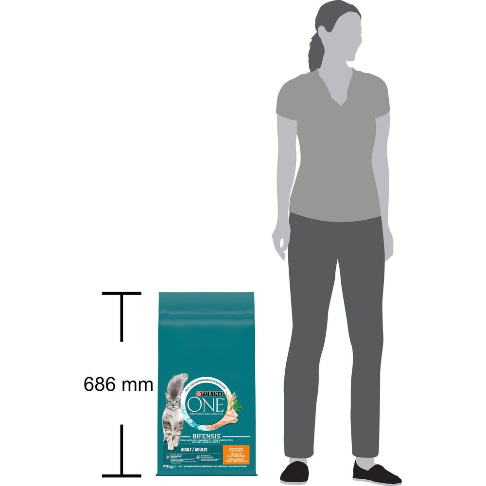 Kobieta stoi obok dużej torby karmy dla kota. Torba ma 686 mm wysokości.