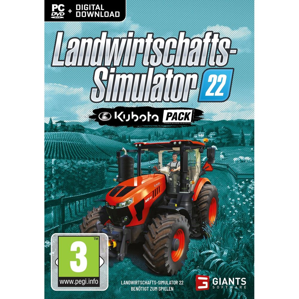Ein roter Traktor mit einem Mann darauf, steht vor Feldern.