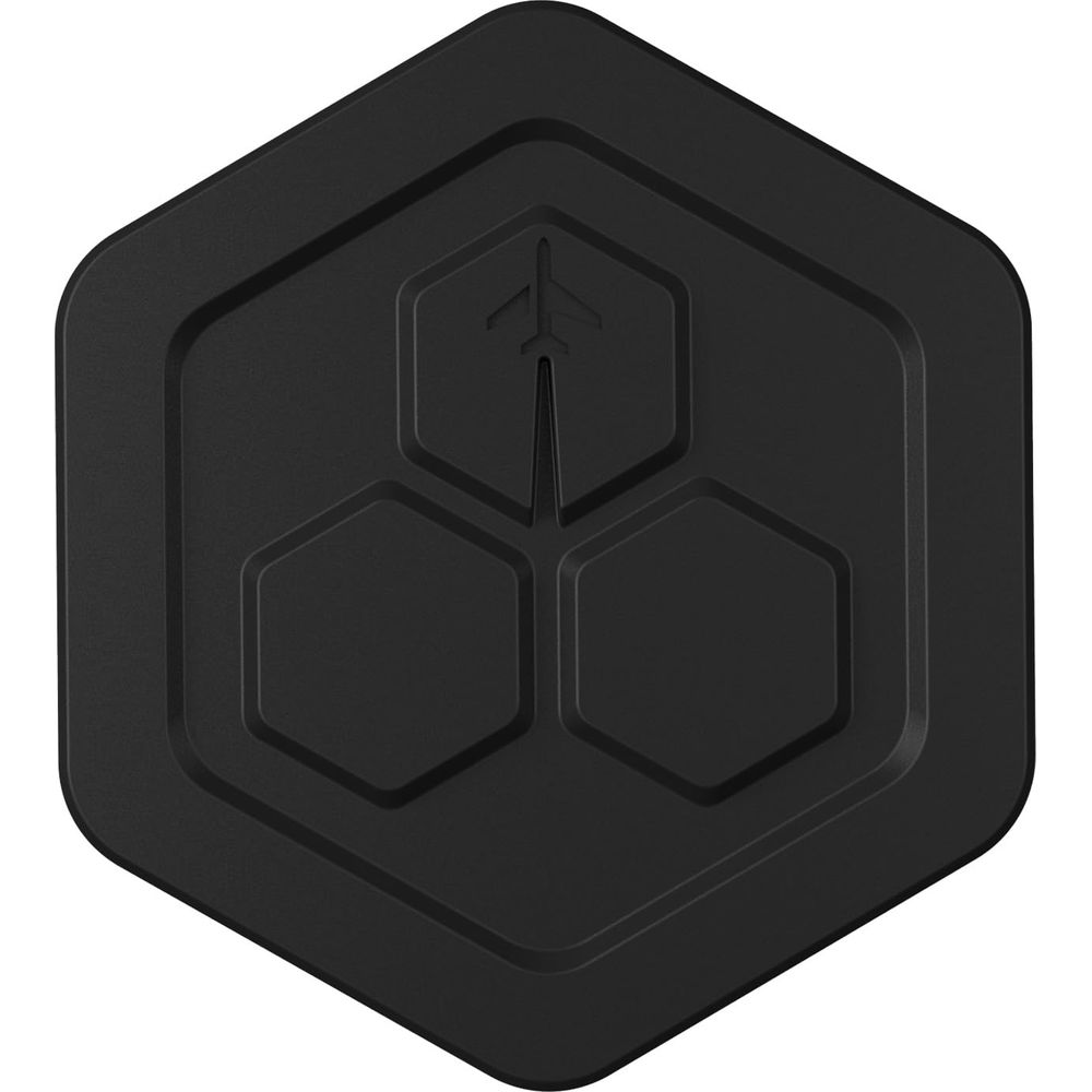 Schwarzes Hexagon-Symbol mit drei verbundenen Sechsecken und einem stilisierten Flugzeug.