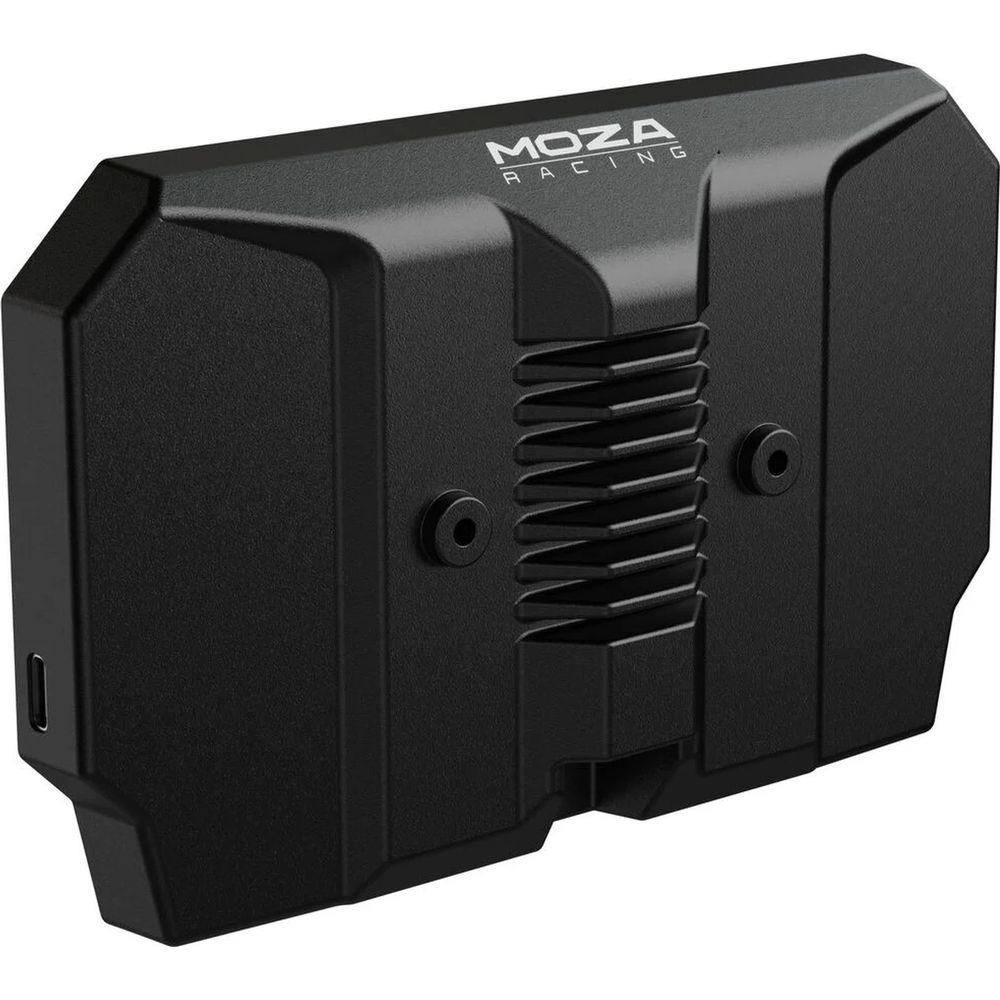 Interface de course noire avec fentes de ventilation et logo MOZA.