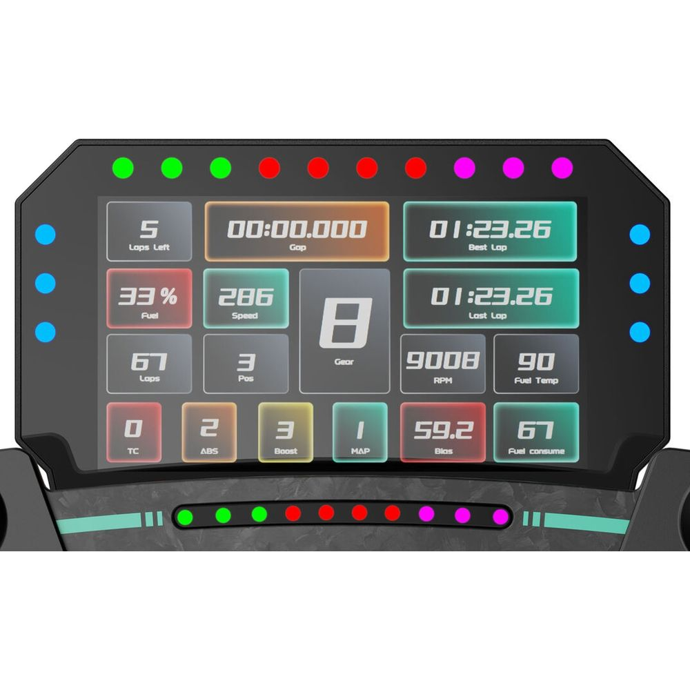 Un écran de cockpit de course numérique avec de nombreuses lectures.