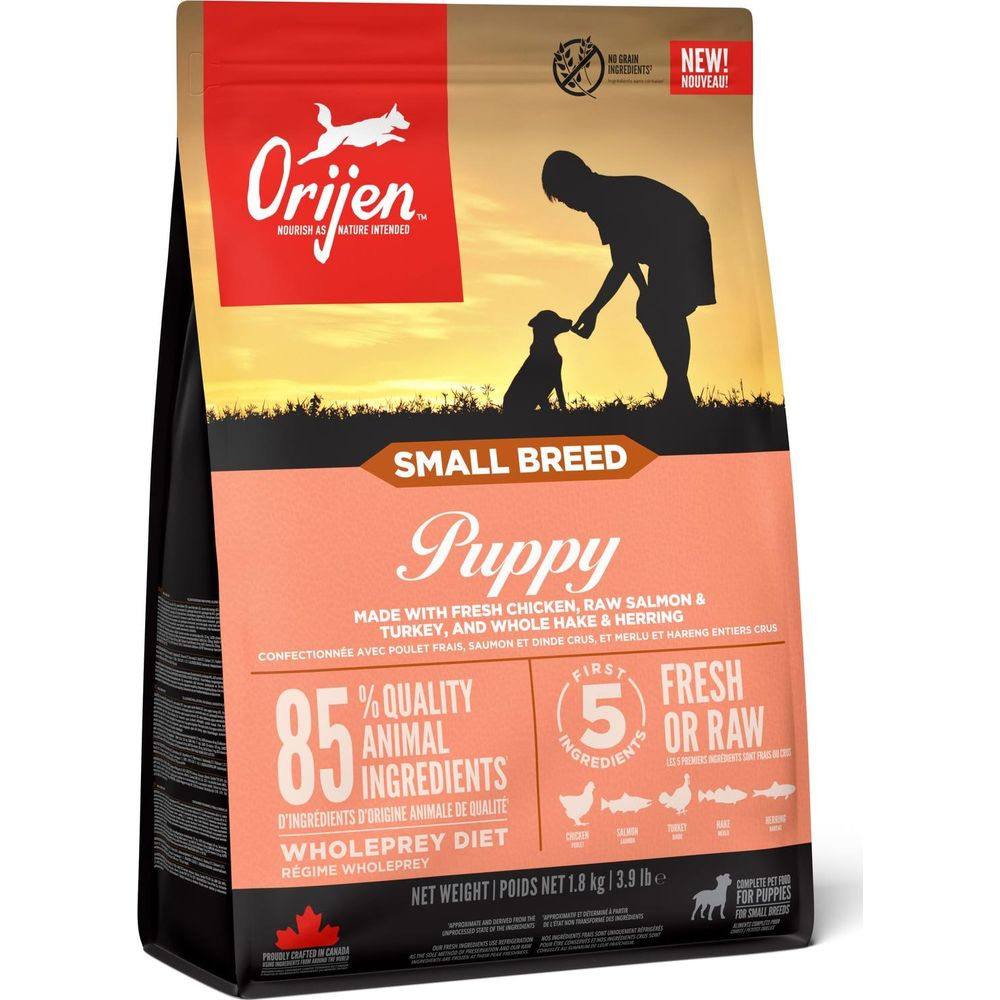 Karma dla psów Orijen, mała rasa szczeniąt, 85% składników zwierzęcych.