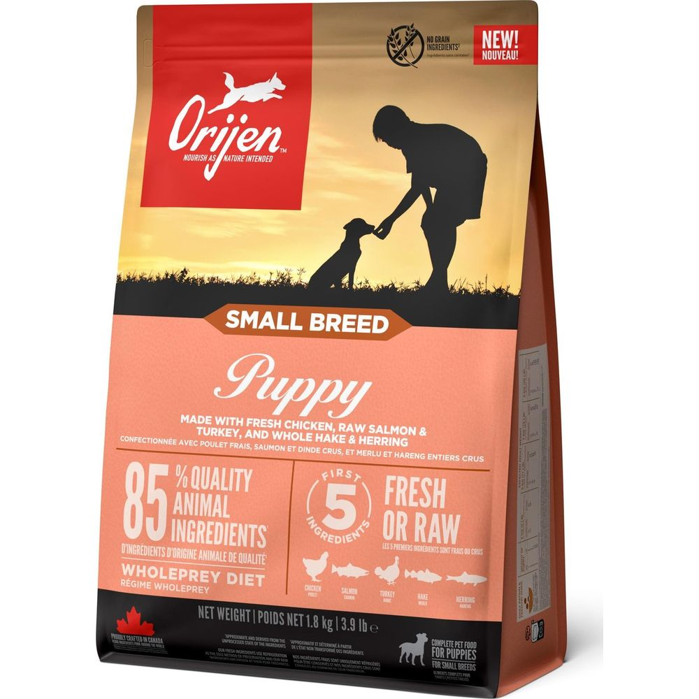 Worek karmy dla szczeniąt Orijen małych ras, z kurczakiem, łososiem i indykiem.