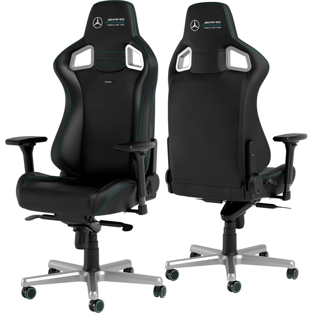 Zwei schwarze Gaming-Stühle mit AMG Petronas-Logo und tealfarbenen Nähten.