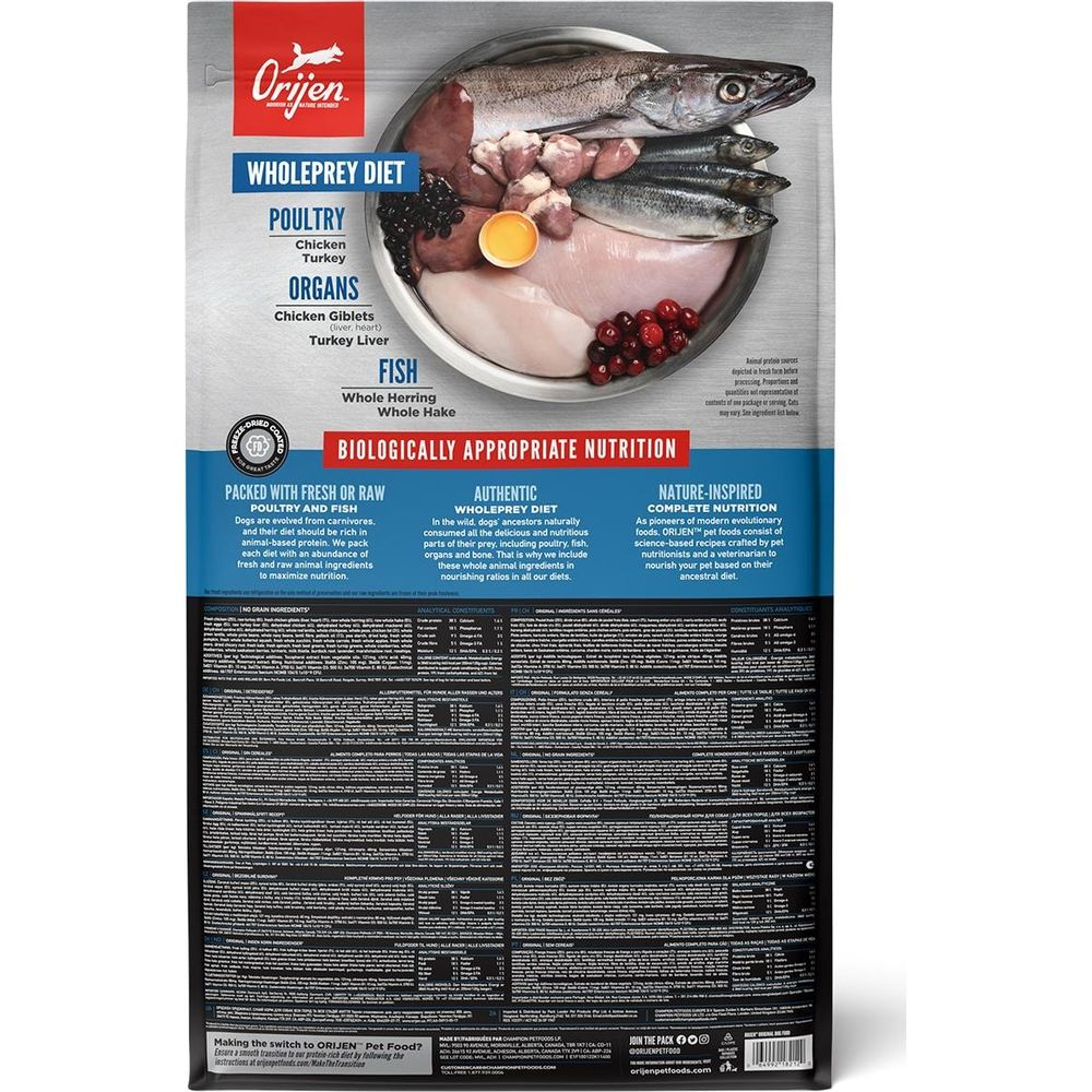 Karma Orijen z drobiem, podrobami i rybą. Pokazano surowe składniki.