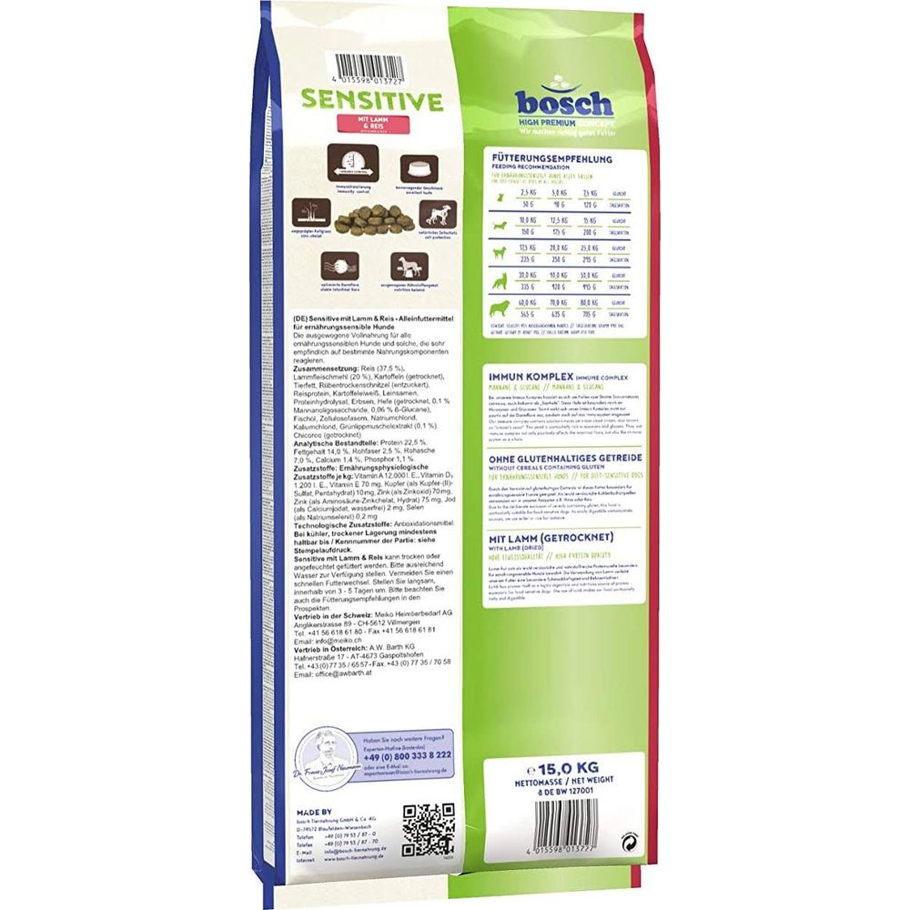 Torba karmy dla psów Bosch Sensitive jagnięcina i ryż, 15 kg. Zawiera informacje o składnikach i karmieniu.