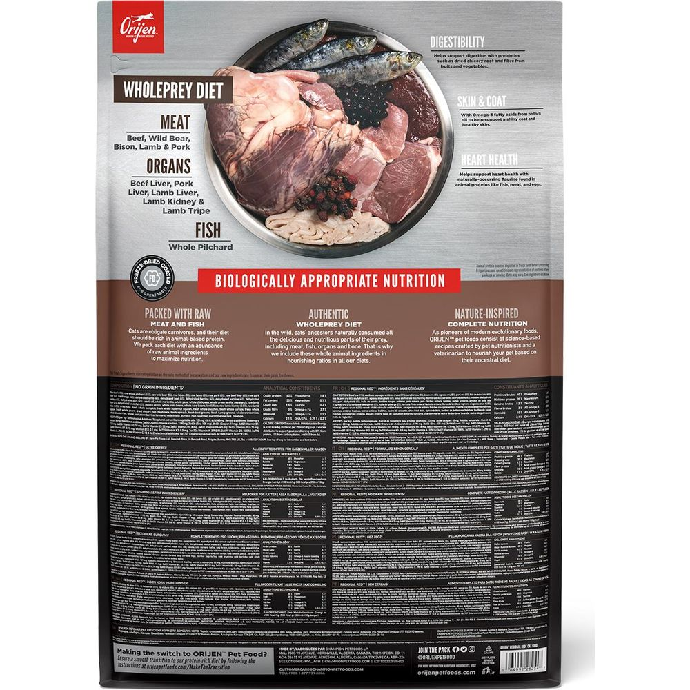 Torba karmy Orijen: Dieta WholePrey z mięsem, podrobami i rybami.