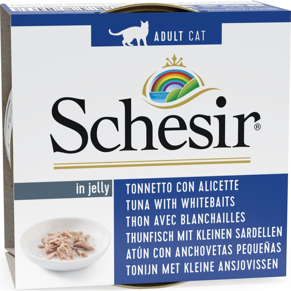 Lata de comida para gatos Schesir: atún en gelatina con anchoas pequeñas.