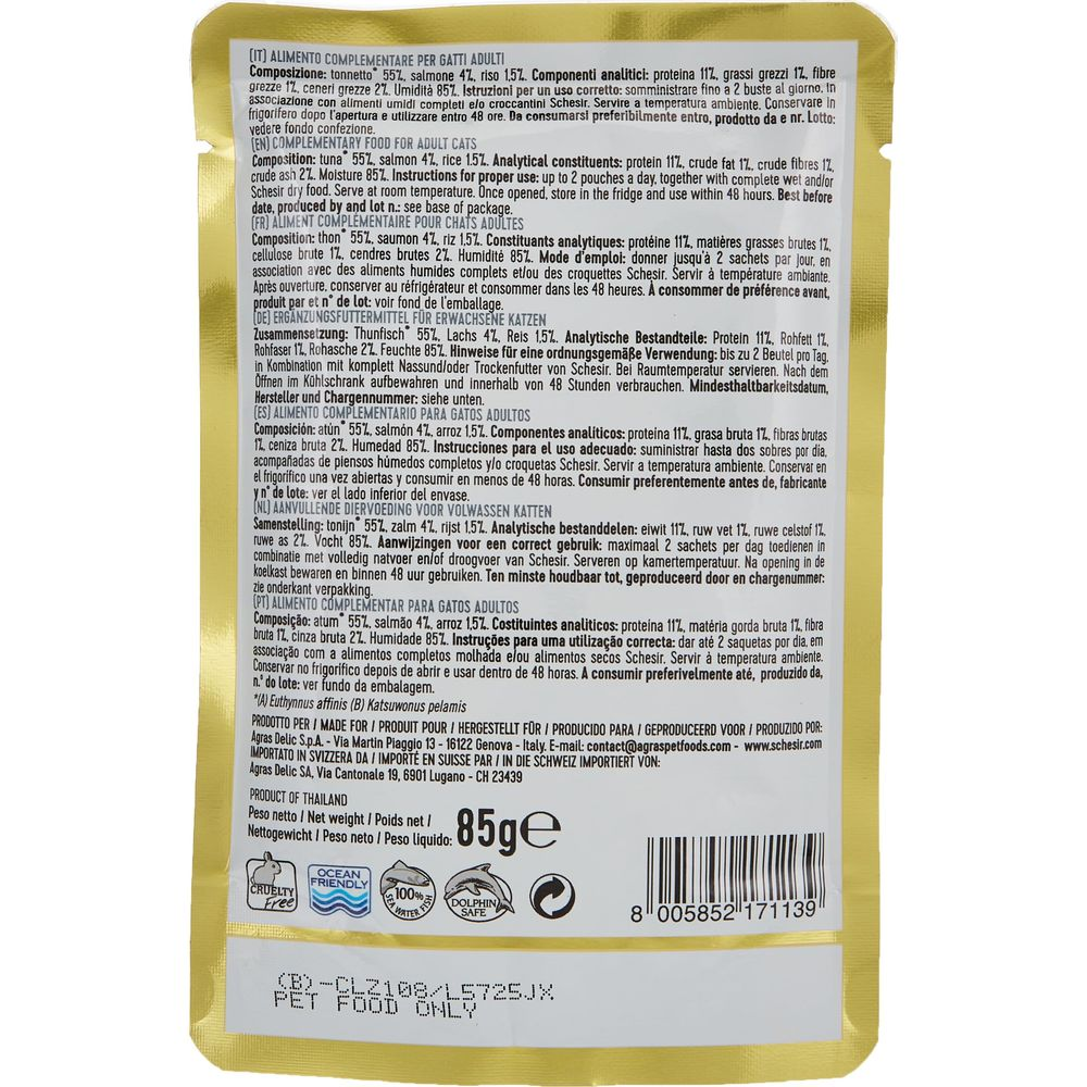 Bolsa de comida para gatos con atún, salmón y arroz. 85g. Sellos: Cruelty Free, Ocean Friendly.