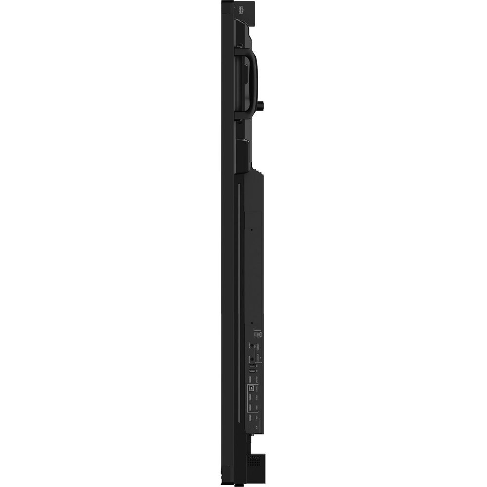 Side view of a black interactive display with a handle and ports.