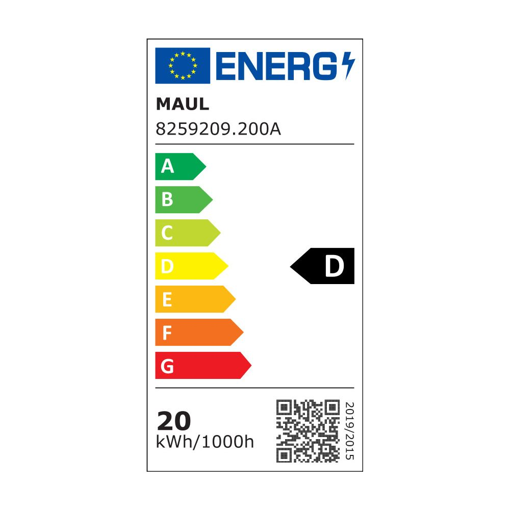 Energielabel für MAUL, 8259209.200A. Energieeffizienzklasse D, 20 kWh/1000h.
