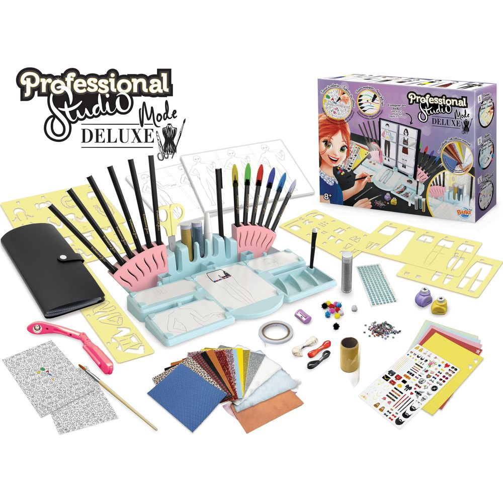 Zestaw do projektowania mody z pisakami, szablonami, tkaninami i naklejkami.