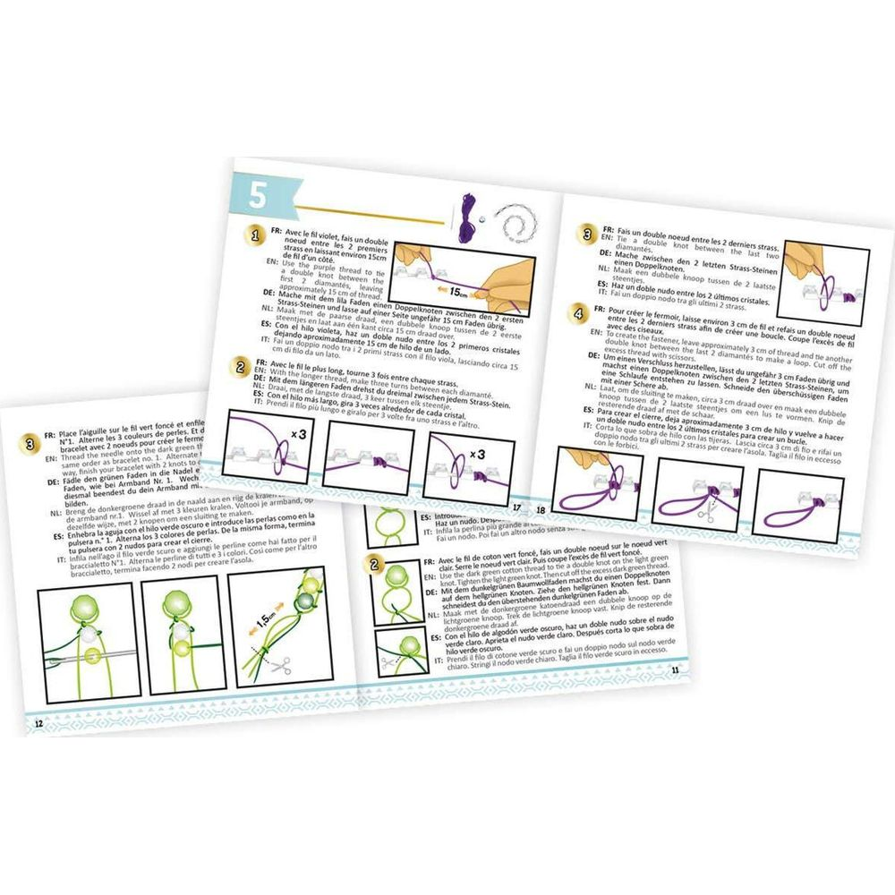 Kroki 1-4: Instrukcja wykonania bransoletki z węzłami i koralikami.