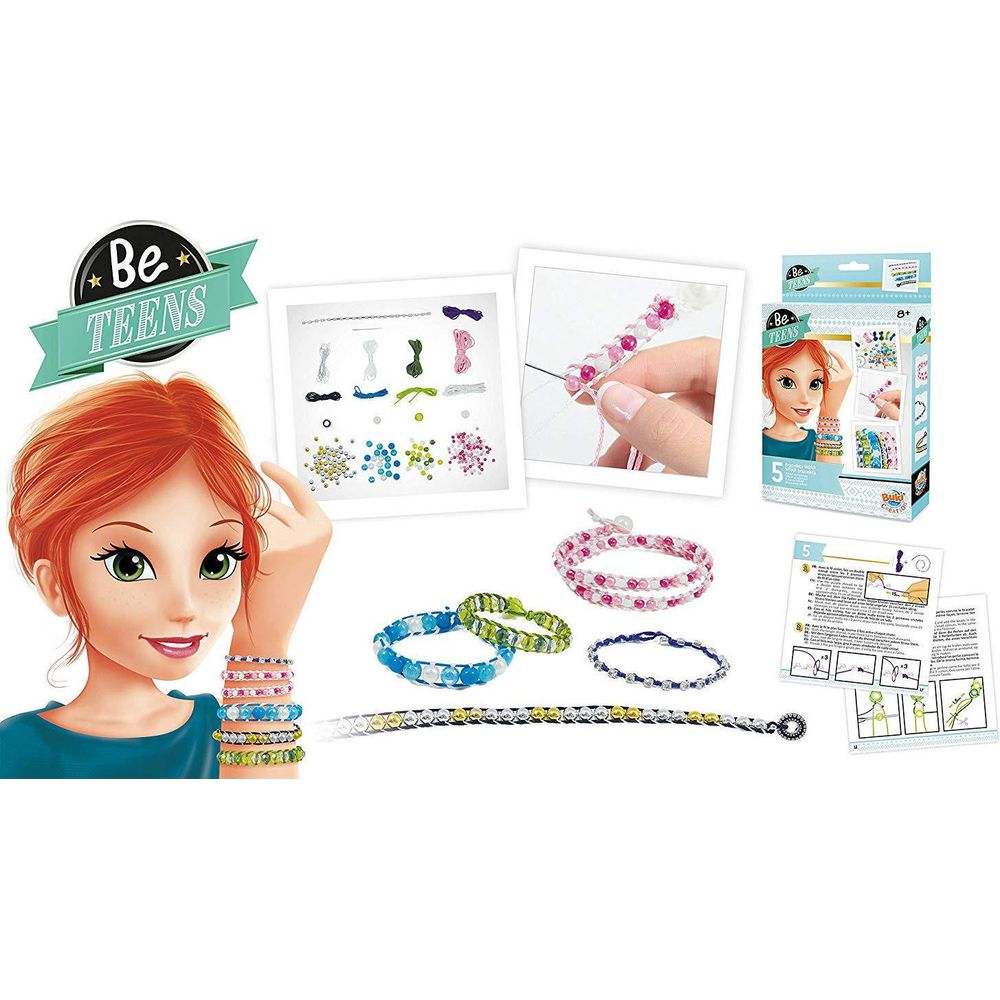 Zestaw do robienia bransoletek Be Teens z koralikami, nićmi i instrukcjami. Postać dziewczynki.