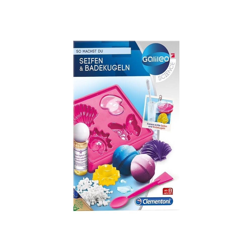 Un kit per creare saponi e bombe da bagno Galileo con stampi, ingredienti e prodotti finiti.