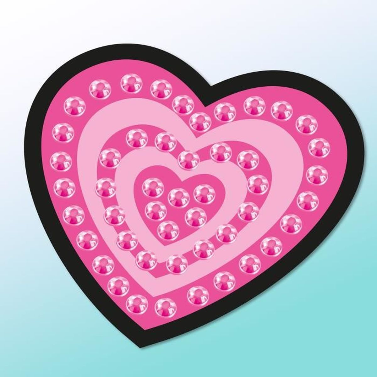 Różowe serce z wieloma warstwami, ozdobione błyszczącymi różowymi klejnotami na niebieskim tle.