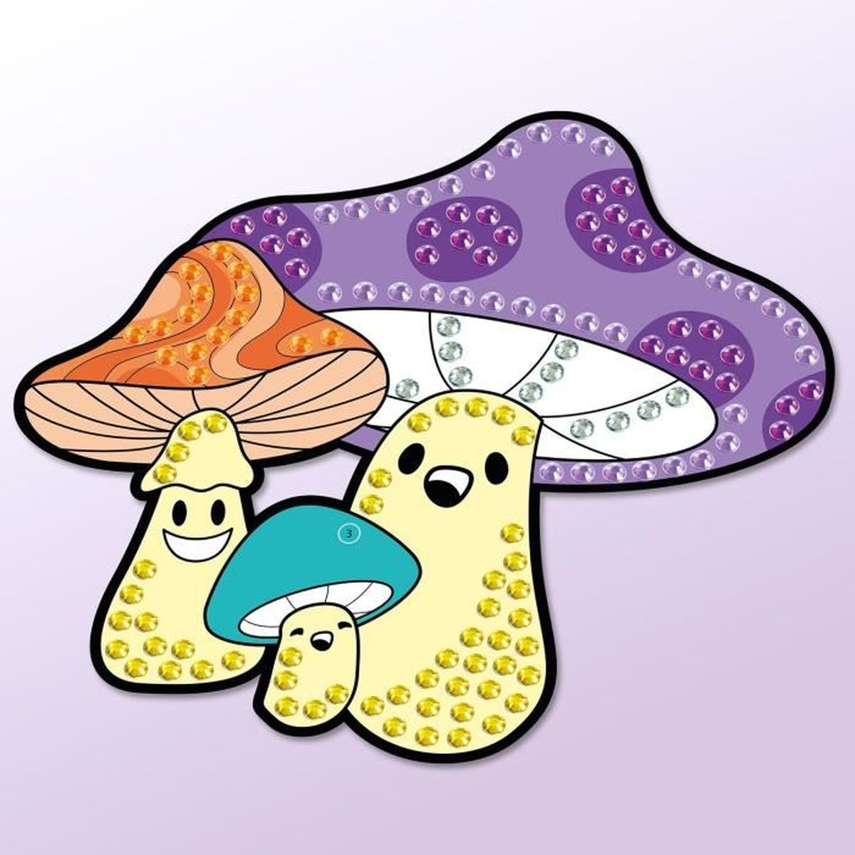 Kolorowe postacie grzybów z twarzami, ozdobione błyszczącymi kamieniami.