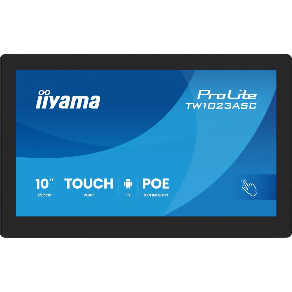 Ein schwarzer Iiyama 10-Zoll-Touchscreen mit Android und PoE-Technologie.