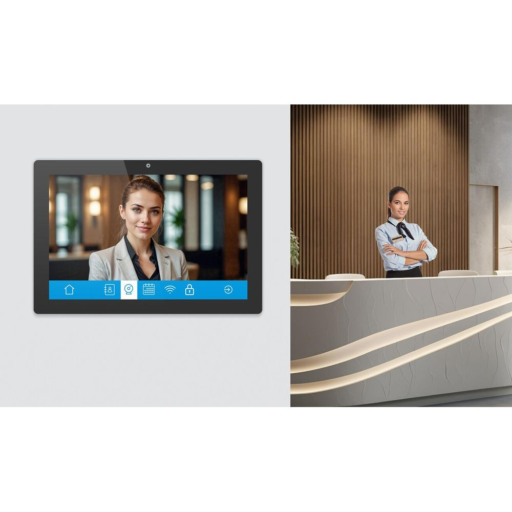 Ein Tablet zeigt eine Frau, daneben eine Empfangsdame am Schalter.