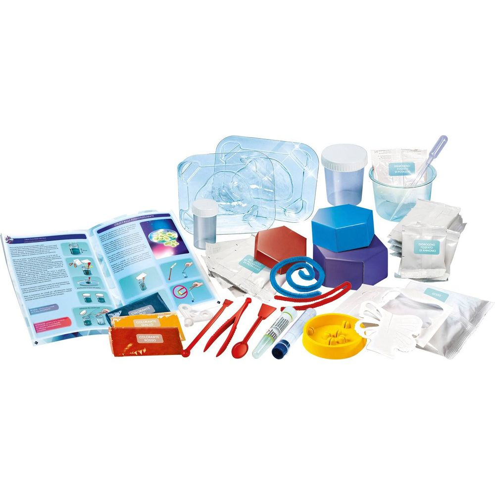 Experimentierkasten mit bunten Behältern, Pulvern, Pipetten und Anleitungen.