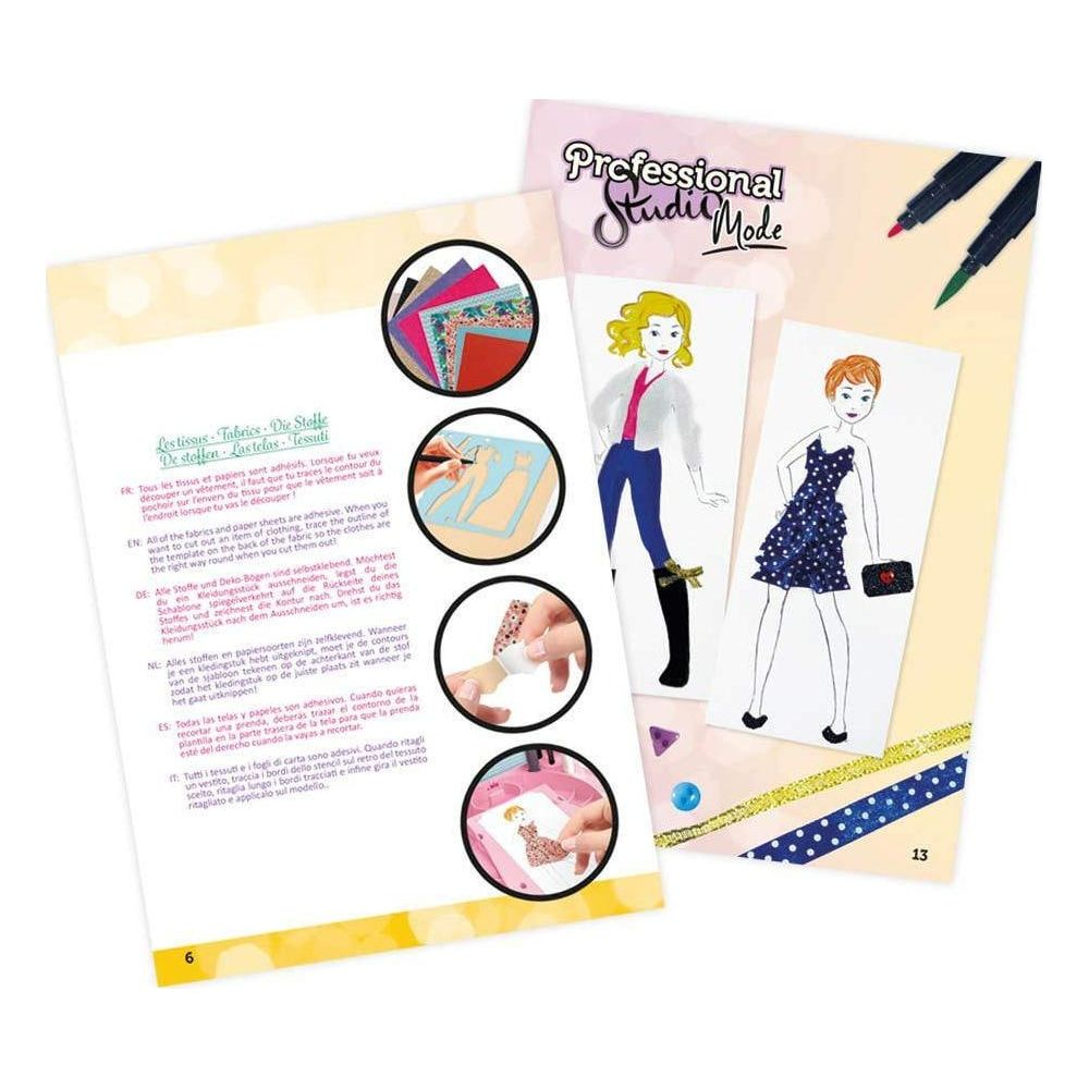 Zestaw kreatywny do projektowania mody z tkaninami, szablonami i rysunkami.
