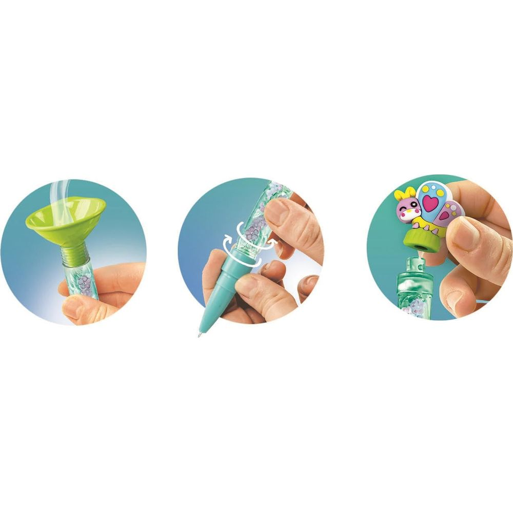 Trzy kroki: Lejek na butelkę, obracanie długopisu, zakładanie motylka.