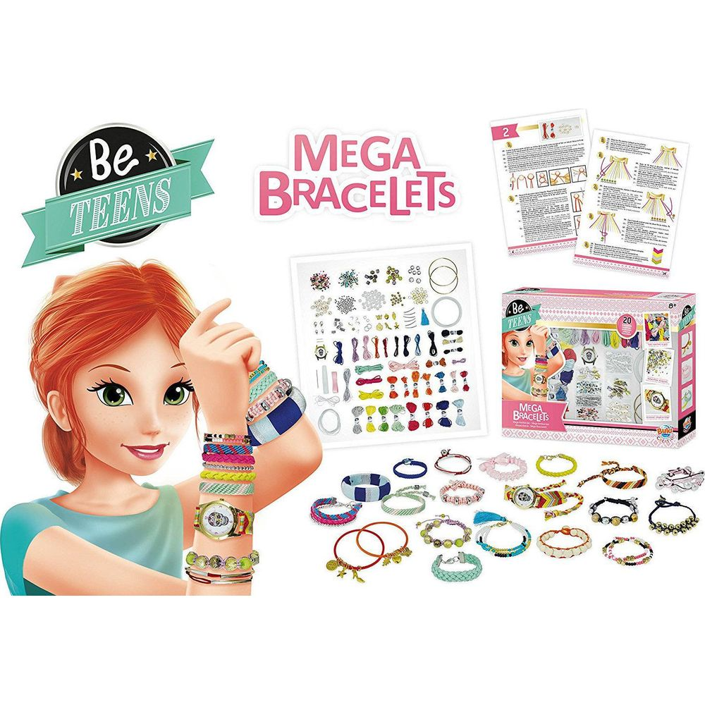 Dziewczyna z bransoletkami i zestawem do robienia bransoletek.