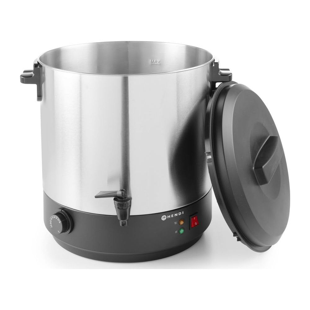 Bollitore acqua in acciaio inox con base e coperchio neri. Rubinetto anteriore.