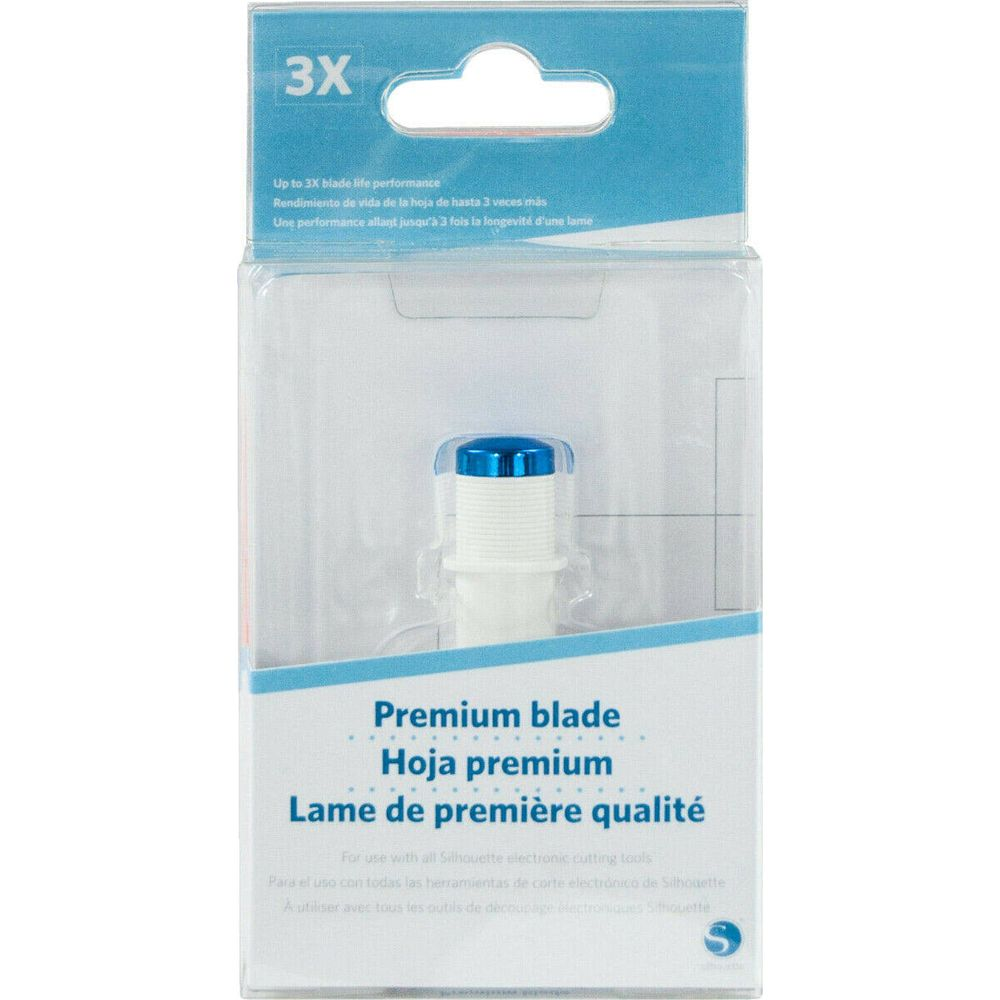 Verpackung mit einer Premium-Klinge von Silhouette, blau und weiß.