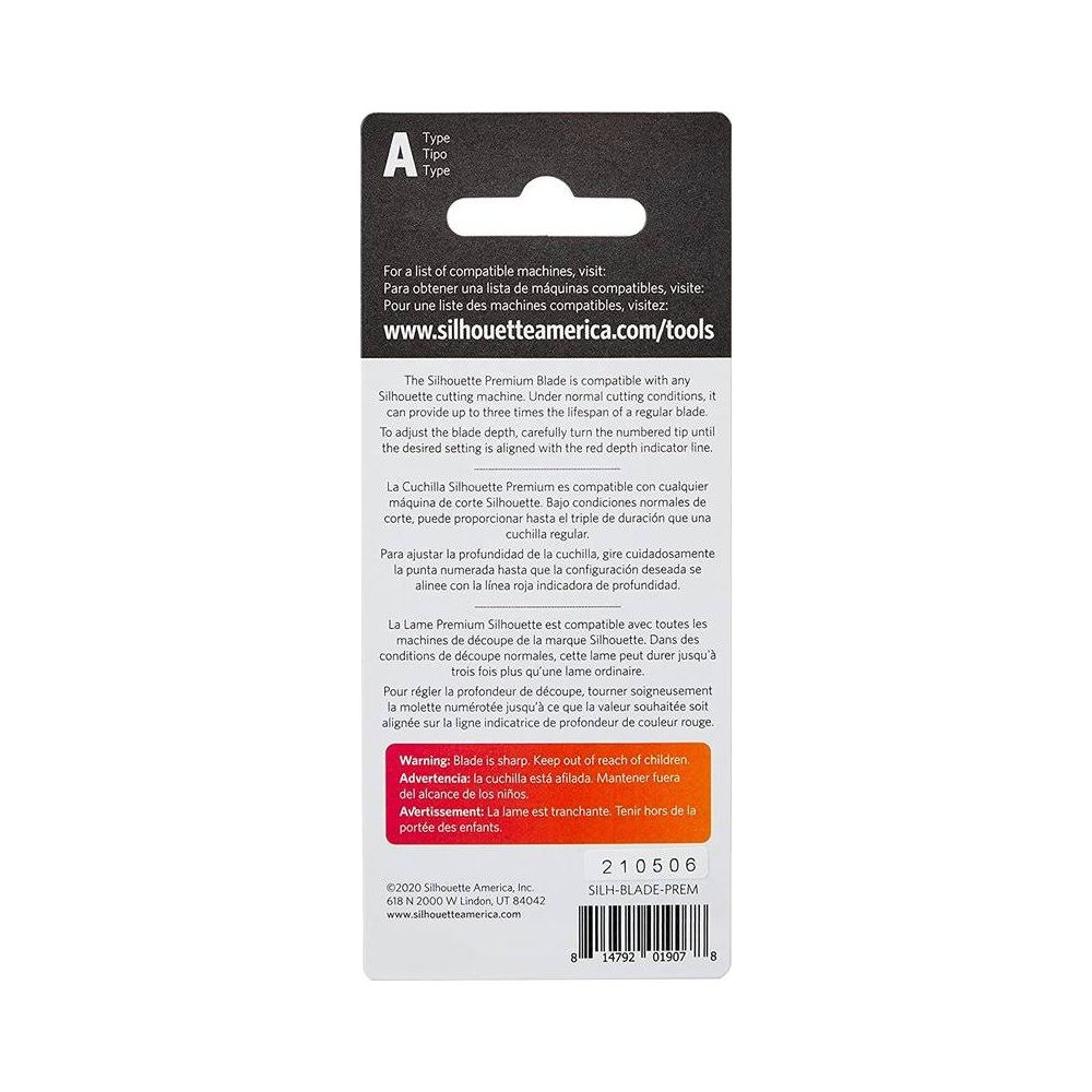 Silhouette Klinge mit Warnhinweisen und Barcode.