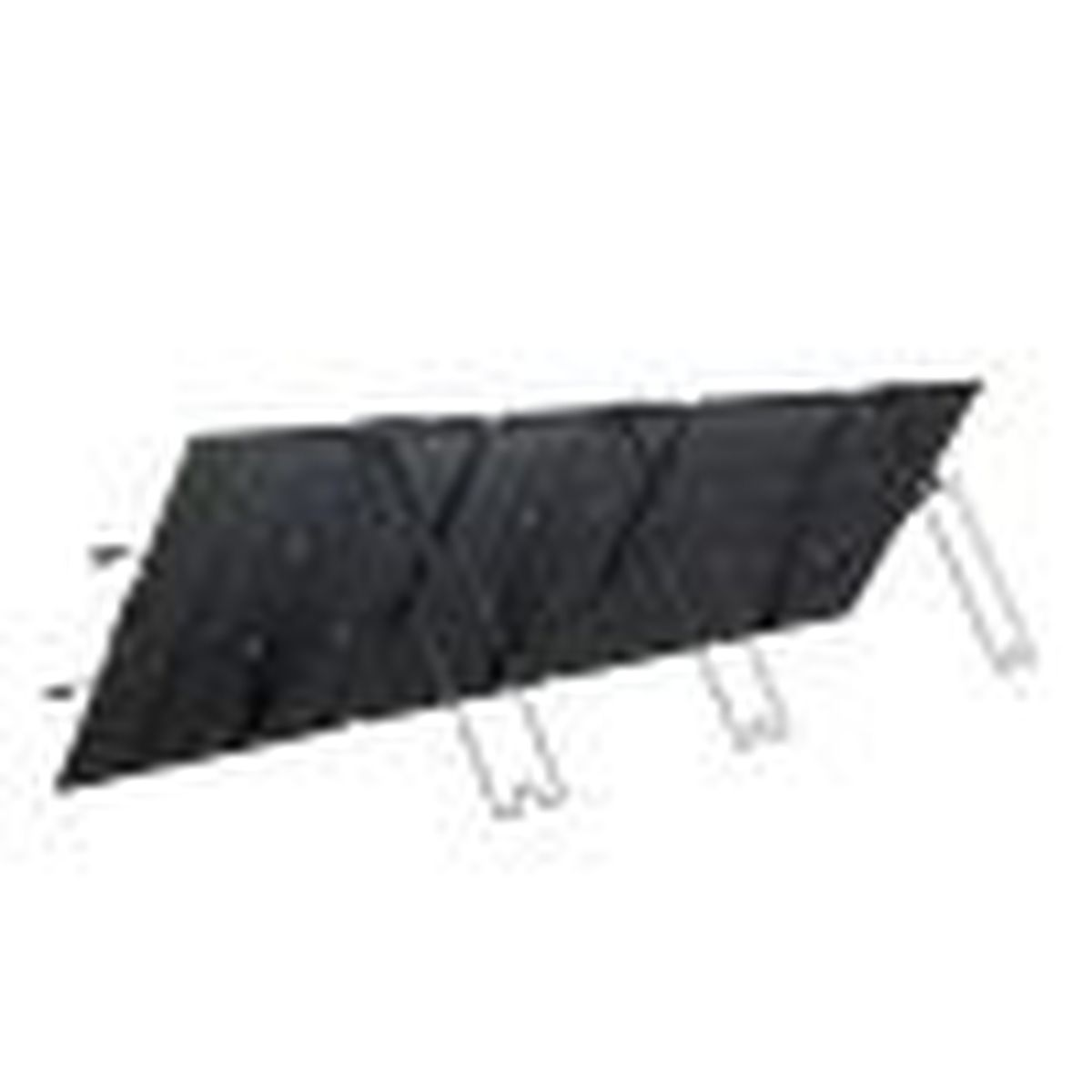 Panel solar plegable negro con soporte metálico.