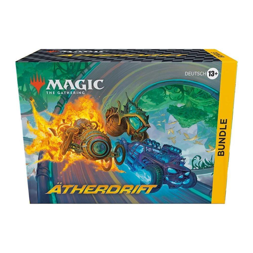 Magic: The Gathering Aether Drift Bundle Box Art mit zwei Rennfahrzeugen.