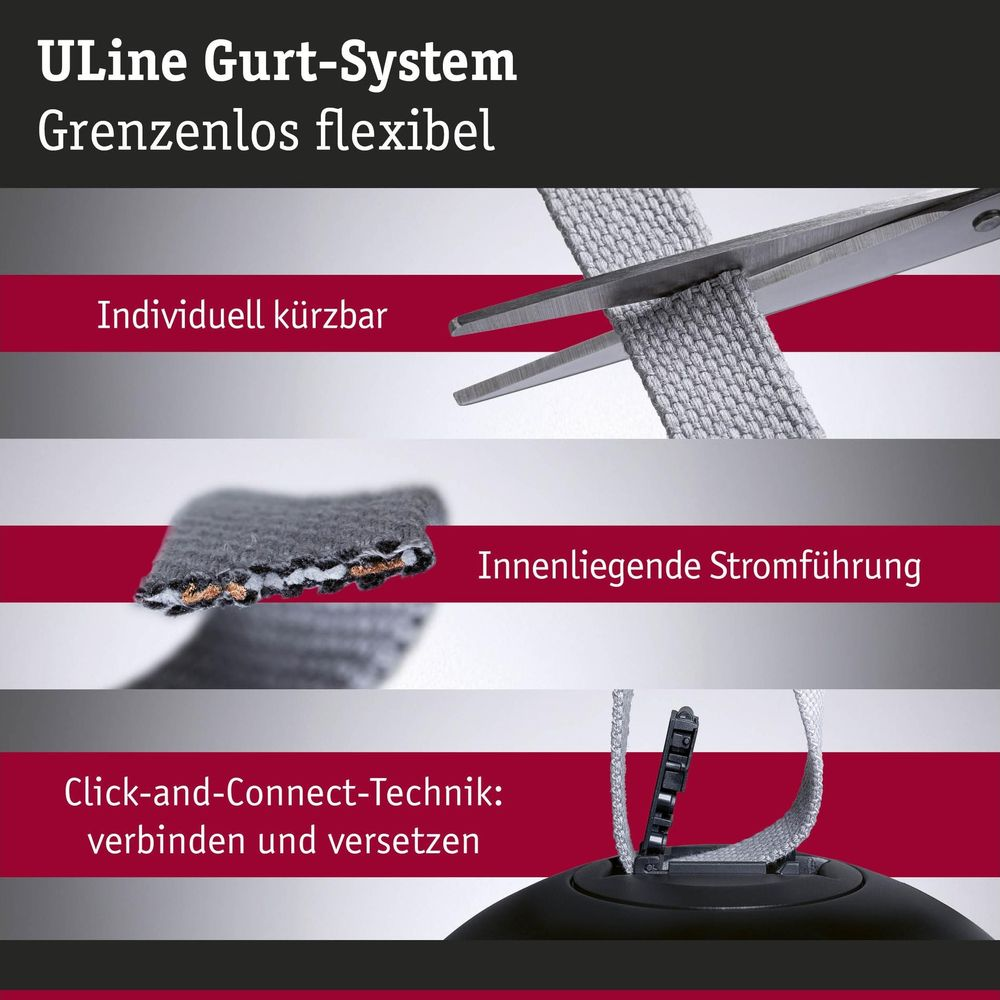 Das ULine Gurt-System ist flexibel, kürzbar und hat eine integrierte Stromführung.