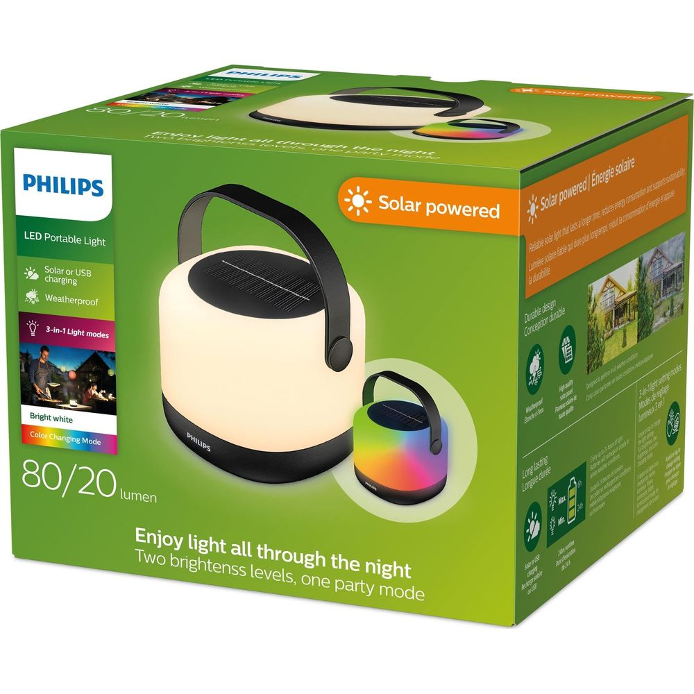 Lampada solare Philips da 80/20 lumen, impermeabile, 3 modalità.